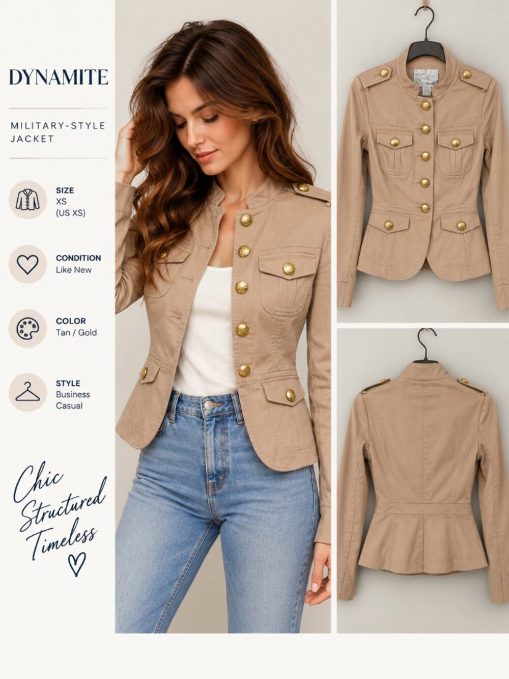 Dynamite Tan Military Blazer Gold Buttons Size XS